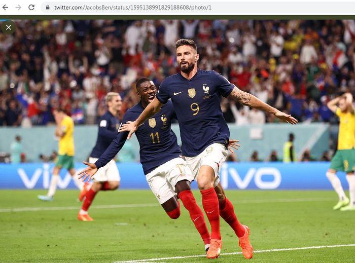 Selebrasi penyerang timnas Prancis, Olivier Giroud, usai menjebol gawang timnas Australia di Piala Dunia 2022