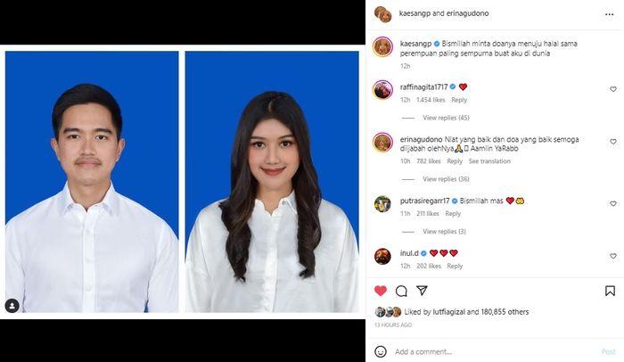 Unggahan Kaesang Pangarep mengenai fotonya dengan Erina Gudono. 
