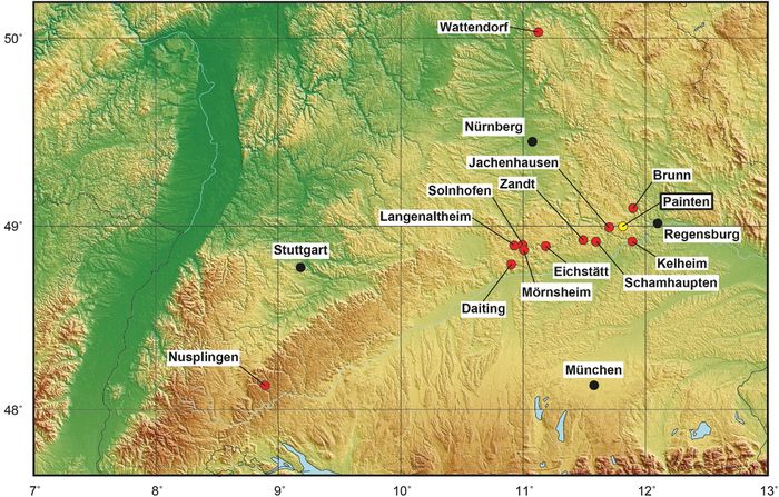 Peta Jerman selatan dengan Franconian dan Swabia Alb. Spesimen baru Pterodactylus antiquus yang dijelaskan dalam penelitian ini (DMA-JP-2014/004) ditemukan 2 km timur laut Painten di Rygol Quarry.