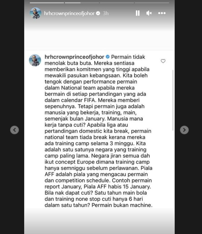 Kritikan Bos Johor Darul Takzim Mayor Jendral Tunku Ismail Ibni Sultan Ibrahim, terkait pemanggilan pemain timnas Malaysia.
