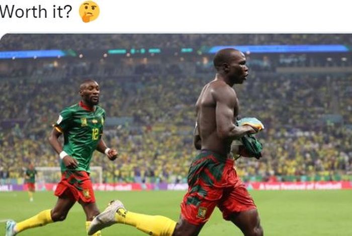 Striker timnas Kamerun, Vincent Aboubakar, merayakan gol ke gawang timnas Brasil dalam laga Grup G Piala Dunia 2022 di Stadion Lusail, Jumat (2/12/2022).