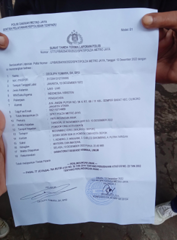Pengacara Doelipa resmi melaporkan Wali Kota Depok, Mohammad Idris ke Polda Metro Jaya, Selasa (13/12/2022).