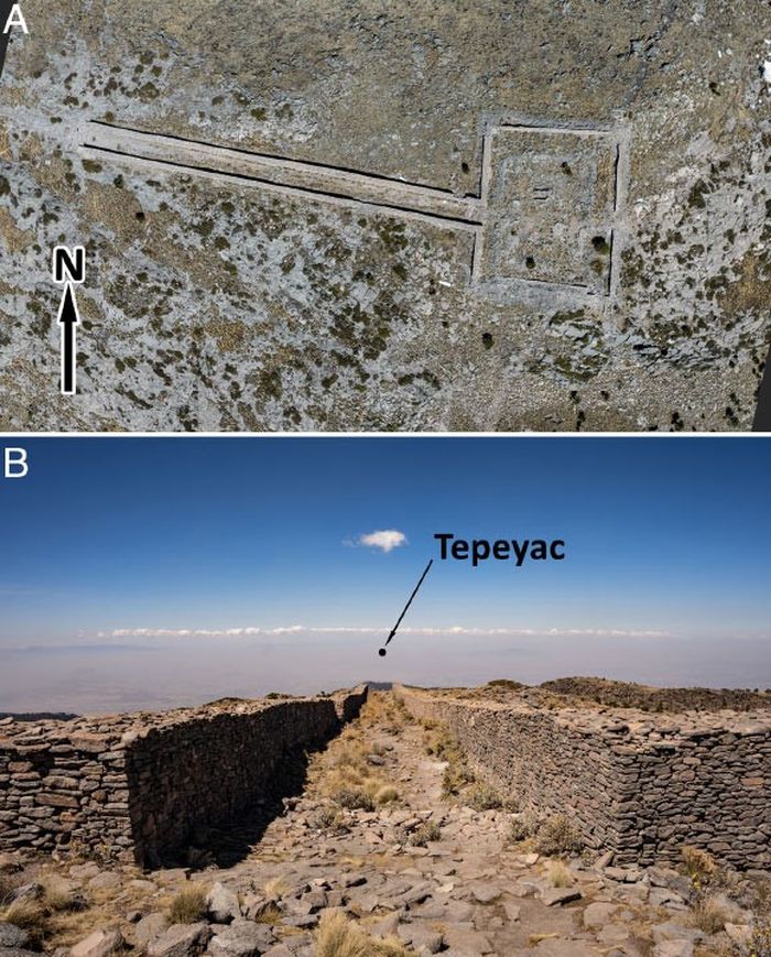 Lanskap pegunungan di sebelah timur Cekungan Meksiko menawarkan beberapa penanda topografi penting yang dapat digunakan oleh para astronom Mexica untuk tujuan penanggalan: (A) halaman persegi Gunung Tlaloc (tetzacualo) dan jalan lintas batu, difoto menggunakan drone pada 24 Februari 2022 ; (B) pemandangan lereng bawah jalan lintas dari tetzacualo menuju Basin of Mexico.