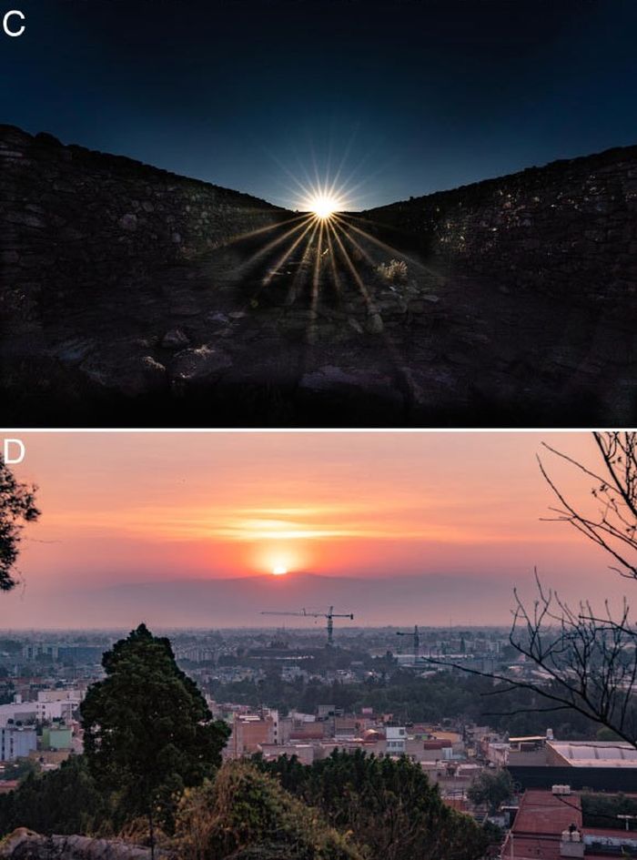 Lanskap pegunungan di sebelah timur Cekungan Meksiko menawarkan beberapa penanda topografi penting yang dapat digunakan oleh para astronom Mexica untuk tujuan penanggalan: (C) pemandangan matahari terbit di lereng atas dari dasar jalan lintas menuju tetzacualo pada 25 Februari 2022, pukul 7 :20 jam waktu Mexico City (GMT-6); (D) matahari terbit dilihat dari Gunung Tepeyac pada 26 Februari 2022, pukul 7:10.