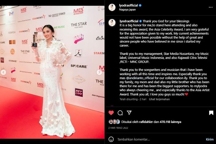 Tangkapan layar saat Lyodra mendapatkan piala di AAA 2022