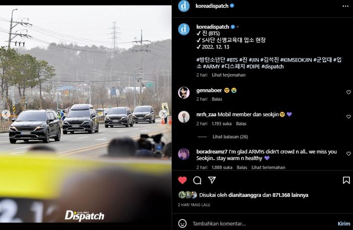 Tangkapan layar saat beberapa mobil sedan mengatar Jin BTS ke lokasi wamil