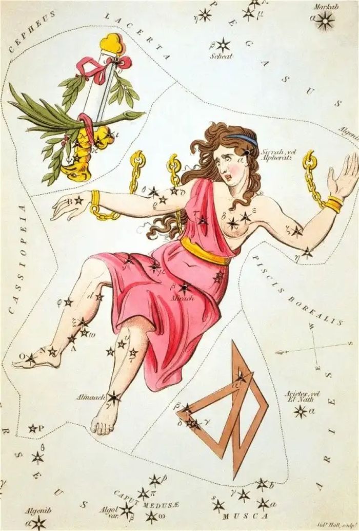 Konstelasi Andromeda digambarkan dalam satu set kartu oleh Sidney Hall, 1825, Library of Congress.