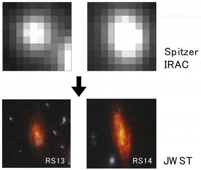 Sebagai peningkatan luar biasa dari gambar IRAC sebelumnya (atas), resolusi spasial JWST yang belum pernah ada sebelumnya dan sensitivitas IR yang tinggi mengungkap detail morfologi galaksi spiral merah (bawah) RS13 dan RS14. Ini memfasilitasi analisis terperinci yang mengungkap fitur galaksi spiral merah milik alam semesta awal yang sampai sekarang tidak diketahui.
