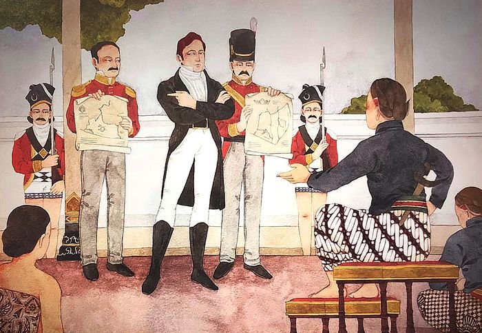 Reproduksi visual dari arsip yang menggambarkan Sir Stamford Raffles yang mengintervensi kehidupan istana di masa pemerintahan Hamengkubuwana III.