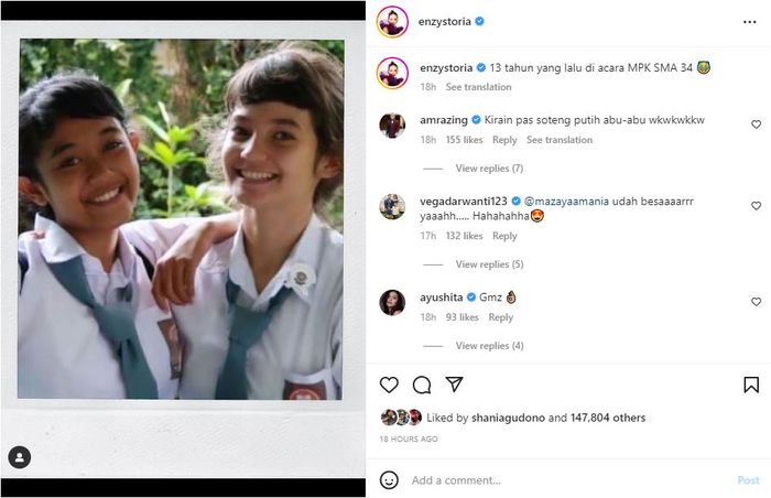 Enzy Storia unggah foto jadul semasa SMA
