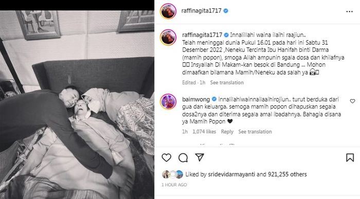 Raffi Ahmad unggah ungkapan duka cita atas kepergian sang nenek, Mami Popon