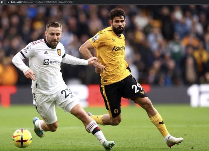 Aksi bek Manchester United, Luke Shaw (kiri), saat berduel dengan penyerang Wolves, Diego Costa, pada partai pekan ke-18 Liga Inggris 2022-2023 di Molineux Stadium, Sabtu (31/12/2022).