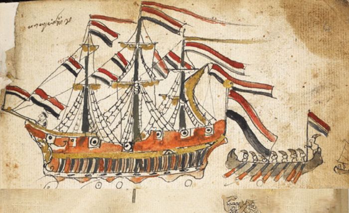 Sebuah kapal besar Belanda yang akan bersandar, disambut perahu cadik kecil pribumi dalam ilustrasi pada Serat Damar Wulan (Gambar keempat).