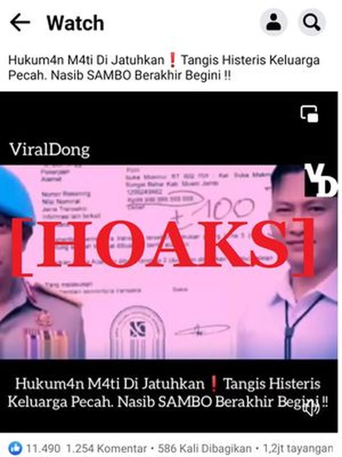 viral postingan menyebut bahwa Ferdy Sambo dijatuhi hukuman mati.