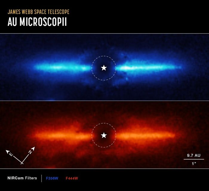 Kedua gambar ini adalah piringan puing berdebu di sekitar AU Mic, bintang kerdil merah yang terletak 32 tahun cahaya jauhnya di konstelasi selatan Microscopium. Gambar ini menunjukkan panjang gelombang cahaya inframerah-dekat dan inframerah-menengah yang tak terlihat yang telah diterjemahkan ke dalam warna cahaya tampak.