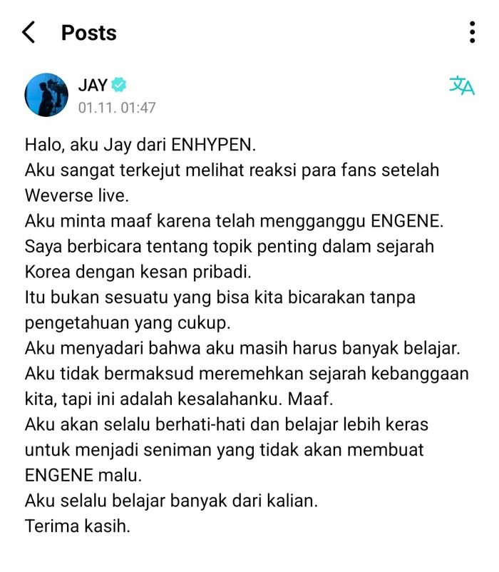 Permintaan maaf Jay ENHYPEN