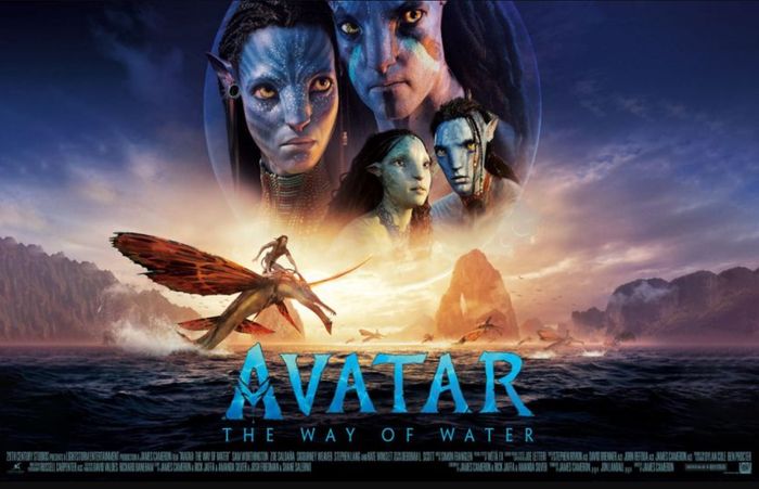 Poster film 'Avatar: The Way of Water' oleh Walt Disney Studios Motion Pictures. Cerita film ini mengandung pesan untuk perlindungan lingkungan perairan.