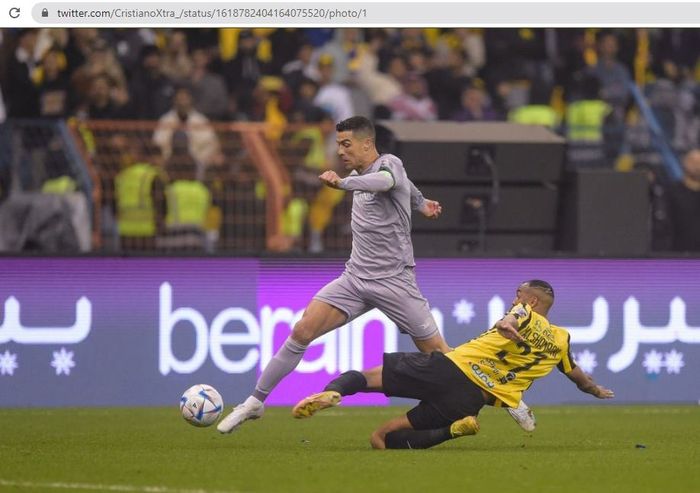 Aksi Cristiano Ronaldo dalam laga antara Al Ittihad dan Al Nassr dalam ajang Saudi Super Cup di King Fahd International Stadium, Kamis (26/1/2023).