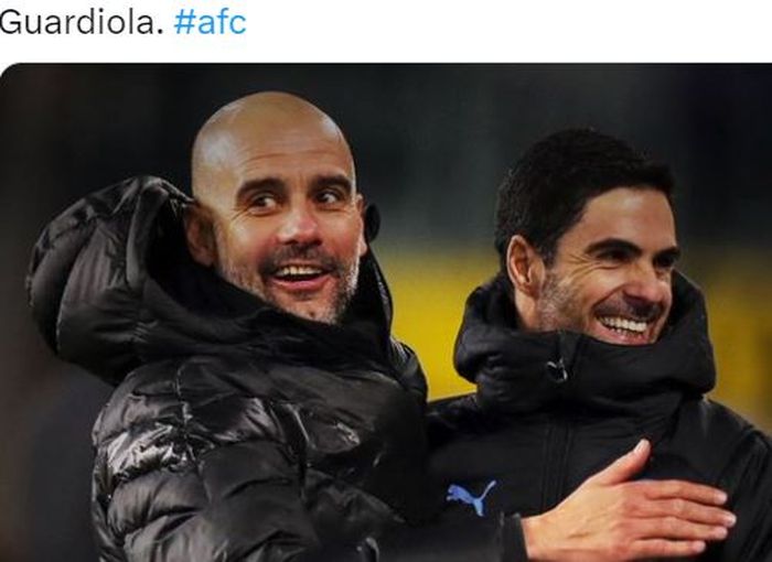 Ekspresi pelatih Manchester City, Pep Guardiola, saat bersama Mikel Arteta yang menjabat sebagai asisten pelatih Man City.