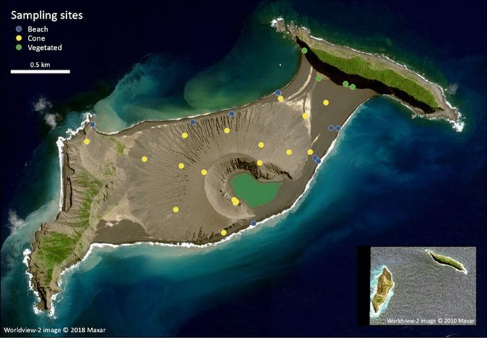 Pulau Hunga Tonga Hunga Ha'apai, Kerajaan Tonga. Lokasi dari 32 permukaan tempat sampel dikumpulkan. Gambar latar berasal dari 19 Agustus 2018 dan telah diortorektifikasi. Gambar inset menampilkan pulau Hunga Ha'apai (barat) dan Hunga Tonga (timur) pada 11 September 2010, sebelum letusan 2014-2015.