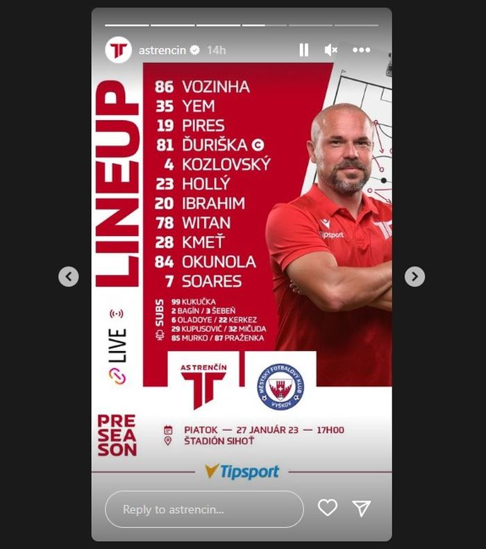 Witan Sulaeman menjadi starter dalam laga uji coba AS Trencin melawan MSK Vyskov (27/1/2023). 