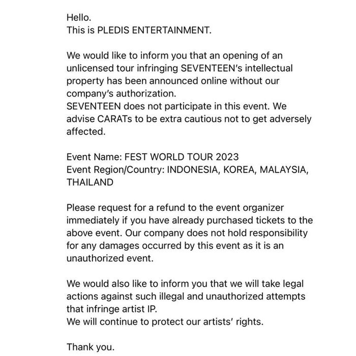 Pernyataan resmi PLEDIS Entertainment terkait FEST World Tour 2023