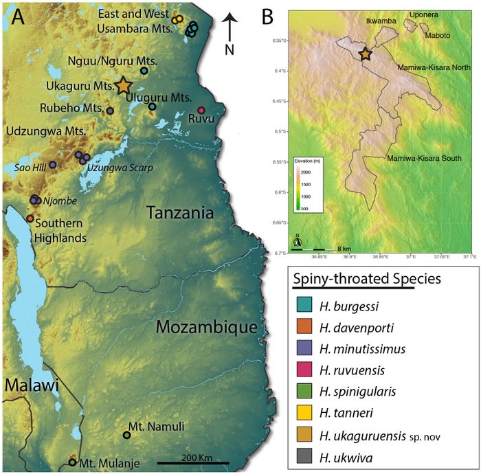 Peta pengambilan sampel spesies dan kawasan hutan Pegunungan Ukaguru, Tanzania.
