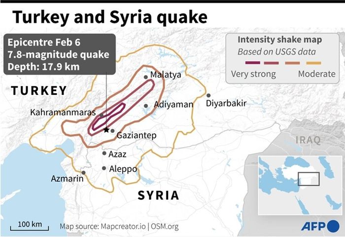 Peta lokasi pusat gempa berkekuatan 7,8 yang melanda Turki pada hari Senin.
