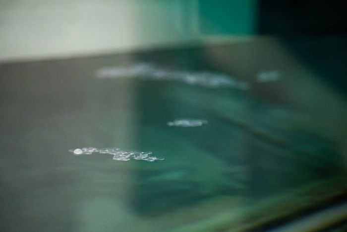 Pelet mikroplastik mengapung di permukaan air dalam tangki gelombang angin di Laboratorium Hidrodinamika Laut UM sebagai bagian dari studi untuk menentukan bagaimana pengaruhnya terhadap pengukuran kekasaran permukaan.
