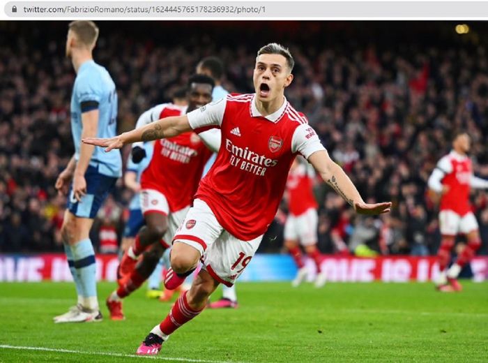 Selebrasi winger Arsenal, Leandro Trossard, saat mencetak gol ke gawang Brentford pada partai pekan ke-23 Liga Inggris 2022-2023 di Emirates Stadium, Sabtu (11/2/2023).