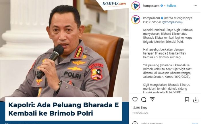 Kapolri Listyo Sigit minta sidang kode etik Richard Eliezer segera digelar usai divonis 1 tahun 6 bulan penjara.