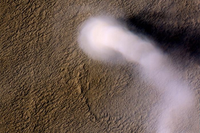 Mars Reconnaissance Orbiter NASA menangkap gambar ‘setan debu’ yang berkelok-kelok di sepanjang wilayah Amazonis Planitia pada Maret 2012.