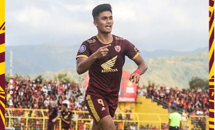 Selebrasi striker PSM Makassar, Ramadhan Sananta, usai mencetak gol penentu kemenangan atas Persik Kediri pada pekan ke-25 di Liga 1 2022-2023.