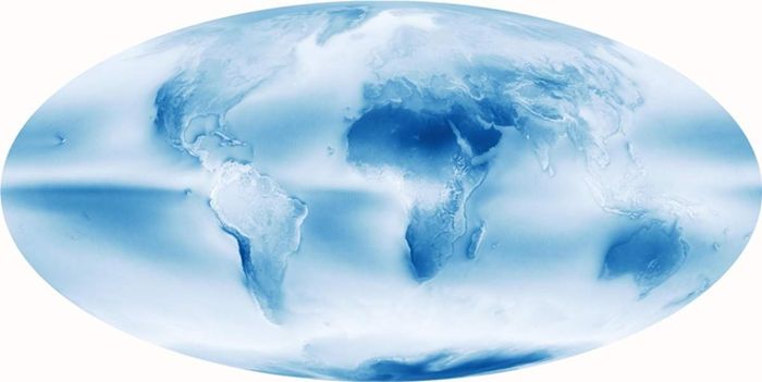 Peta kekeruhan global, berdasarkan data yang dikumpulkan oleh satelit penelitian Aqua selama lebih dari satu dekade (2002-2015). Awan tidak terdistribusi secara seragam melainkan terkonsentrasi di hot spot.