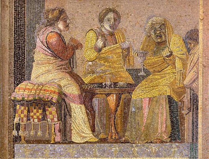 Adegan teater: dua wanita dan seorang penyihir (ketiganya memakai topeng). Mosaik Romawi dari Villa del Cicerone di Pompeii, sekarang di Museo Archeologico Nazionale (Naples). Karya Dioscorides dari Samos.