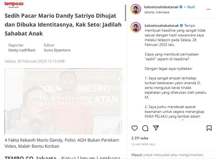Seto Mulyadi memberikan keterangan terkait AGH, anak yang berkonflik dengan hukum atau pelaku dalam kasus penganiayaan terhadap David Ozora (17).