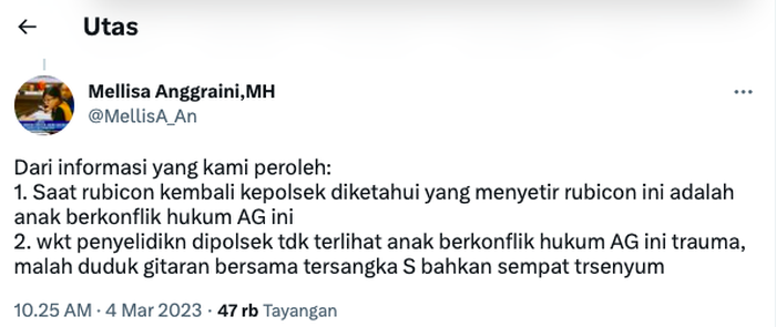 Mellisa Angraini sempat mengungkap kalau AGH tersenyum dan berdendang dengan pelaku S.