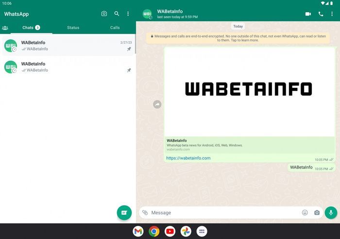 Tampilan antarmuka (UI) WhatsApp dual panel pada tablet Android.