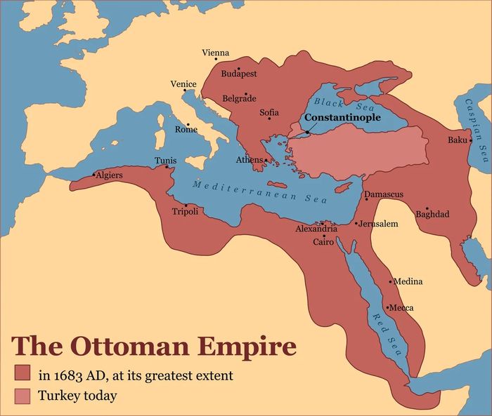 Peta Kesultanan Utsmaniyah pada tahun 1683, dan Turki saat ini.