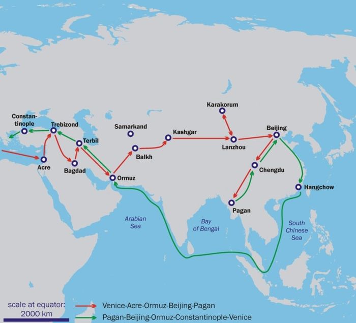 Perjalanan Marco Polo melintasi jalur sutra dari Venesia ke Kekaisaran Tiongkok.