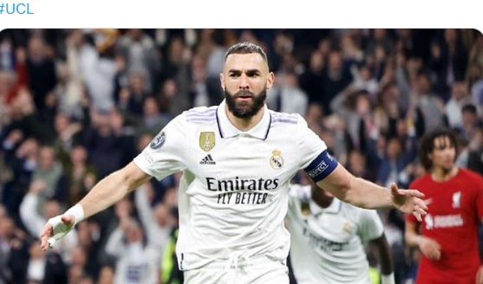 Striker Real Madrid, Karim Benzema, merayakan gol ke gawang Liverpool dalam laga leg kedua babak 16 besar Liga Champions di Stadion Santiago Bernabeu, Rabu (15/3/2023).