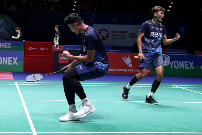 Aksi pasangan ganda putra Indonesia, Muhammad Shohibul Fikri/Bagas Maulana, pada All England Open 2023.