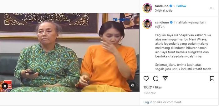 Sandiaga Uno kenang momen Nani Wijaya main di sitkom 'Bajaj Bajuri'. 