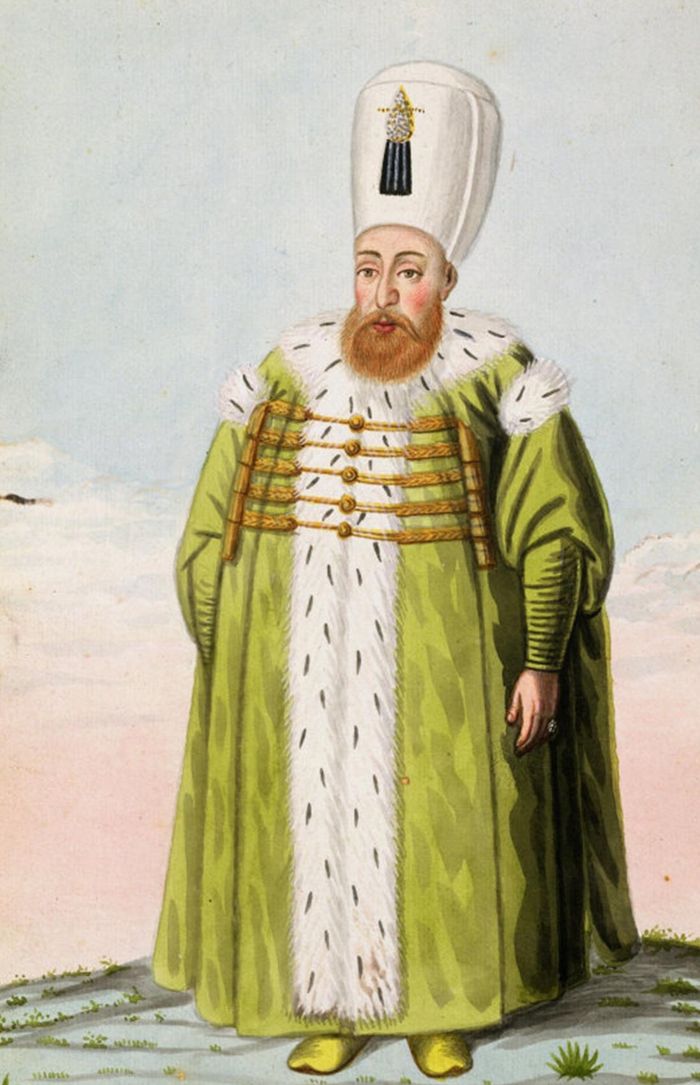 Lukisan potret Mustafa I, Sultan Kekaisaran Ottoman (1617-1618; 1622-1623). Karya John Young, yang dipublikasikan pada 1815.