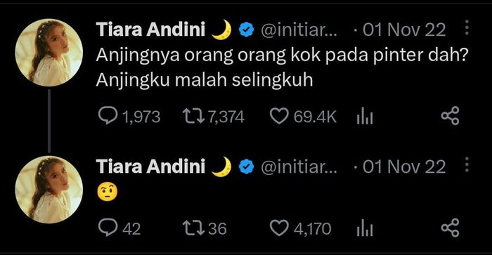 Cuitan Tiara Andini di Twitter pada 1 November 2022 lalu kembali jadi sorotan.