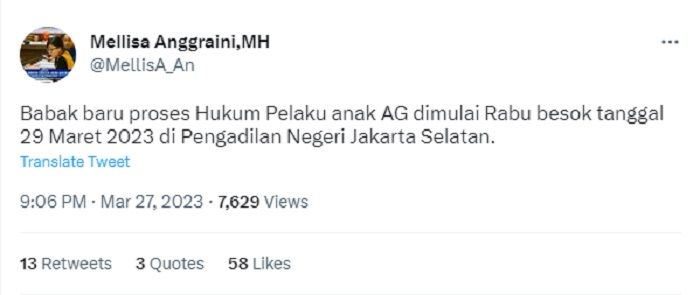 Cuitan Mellisa Anggraini, kuasa hukum David Ozora di Twitter, Senin (28/3/2023).