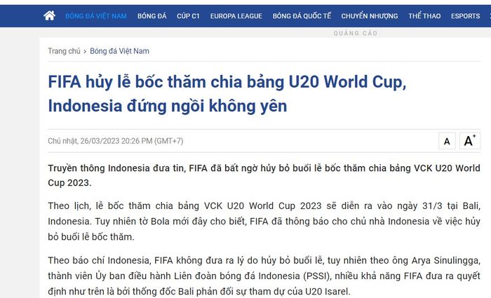 Berita media Vietnam yang menyoroti pembatalan drawing Piala Dunia U-20 2023.