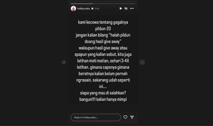 Tangkapan layar Instagram penyerang timnas U-20 Indonesia, Hokky Caraka, terkait pembatalan Indonesia jadi tuan rumah Piala Dunia U-20 2023.