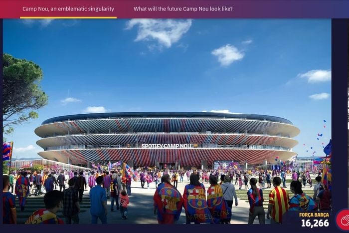 Penampakan stadion baru Barcelona jika merealisasikan megaproyek Espai Barca dengan dana peminjaman dan investasi 1,5 miliar euro.