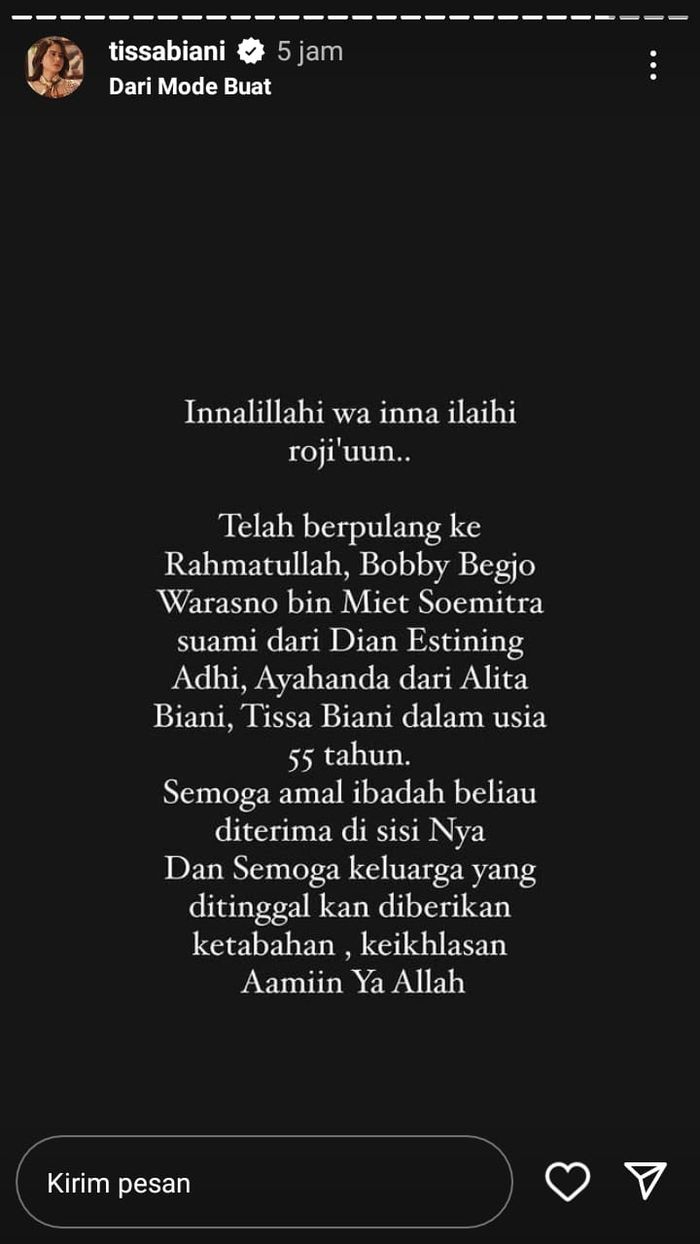 Kabar kepergian ayah Tissa Biani, Bobby Begjo Warasno. 
